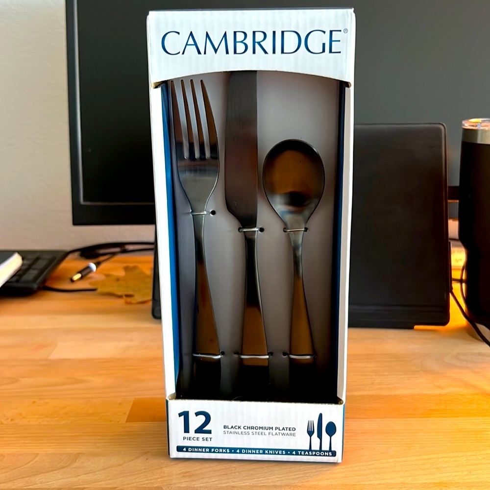 Cambridge black chromium plated stainless steel flatware. 12-piece.